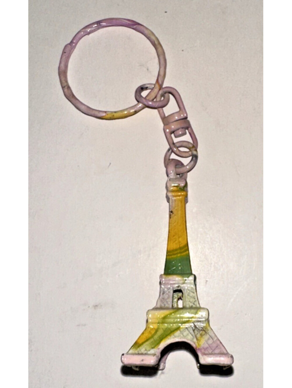 Eiffel Tower Souvenir Key Ring Chain 3D Hand painted in yellow, pink & green